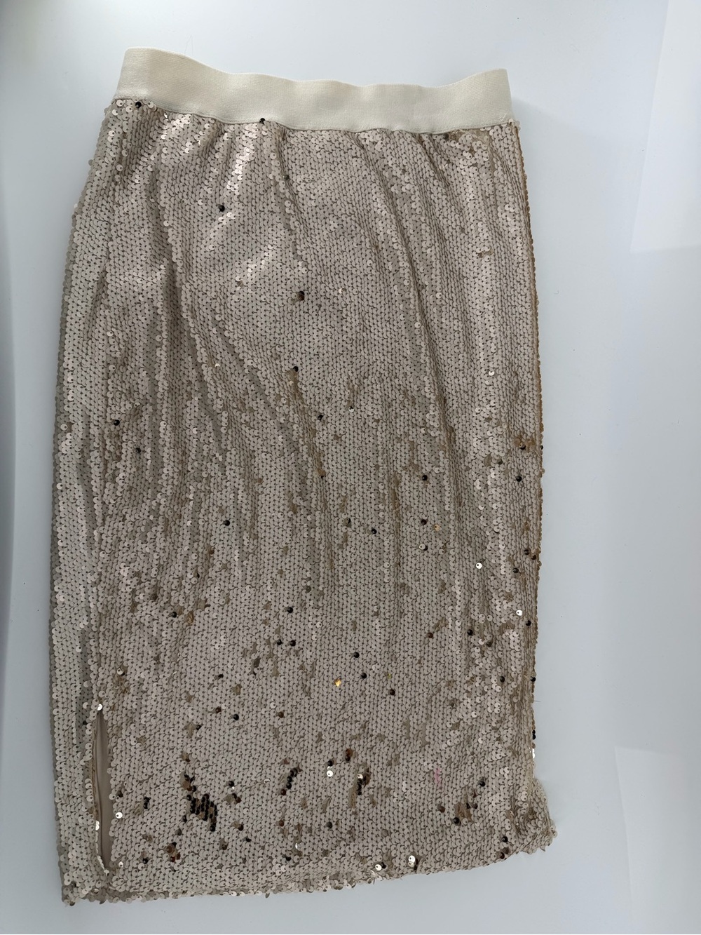 On Twelfth Champagne Gold Sequin Midi Skirt with Side Slit Size S